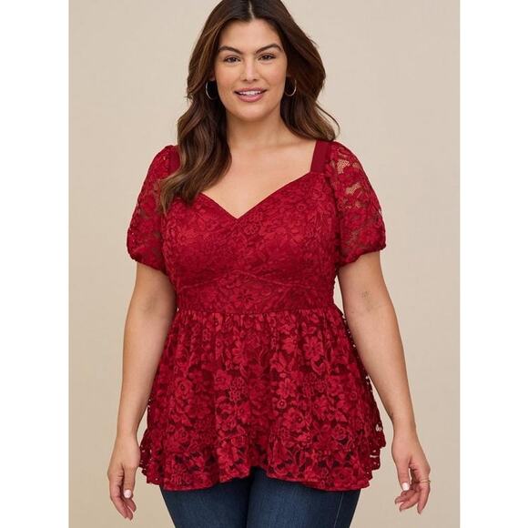 Torrid Women's Dark Red Babydoll Lace Puff Sleeve Top Size 0 L 12 - Picture 1 of 7